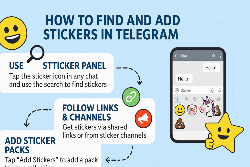 Infographic illustrating how to find and add stickers in Telegram using the sticker panel, shared links, and sticker channels—designed to guide beginners through a simple and visual step-by-step process.