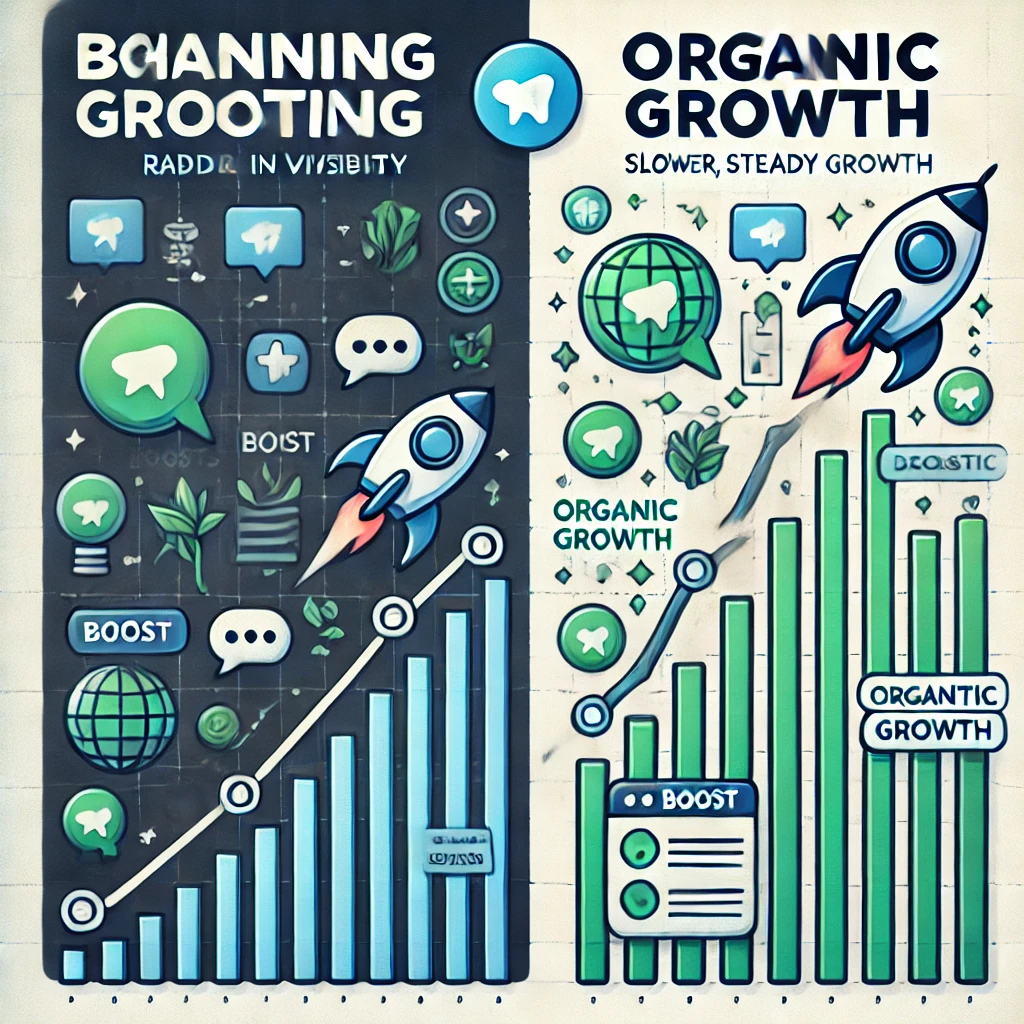 Illustration comparing Telegram channel boosting and organic growth, showing rapid engagement through boosts versus slower, steady organic growth, highlighting the benefits of each approach for Telegram channels.
