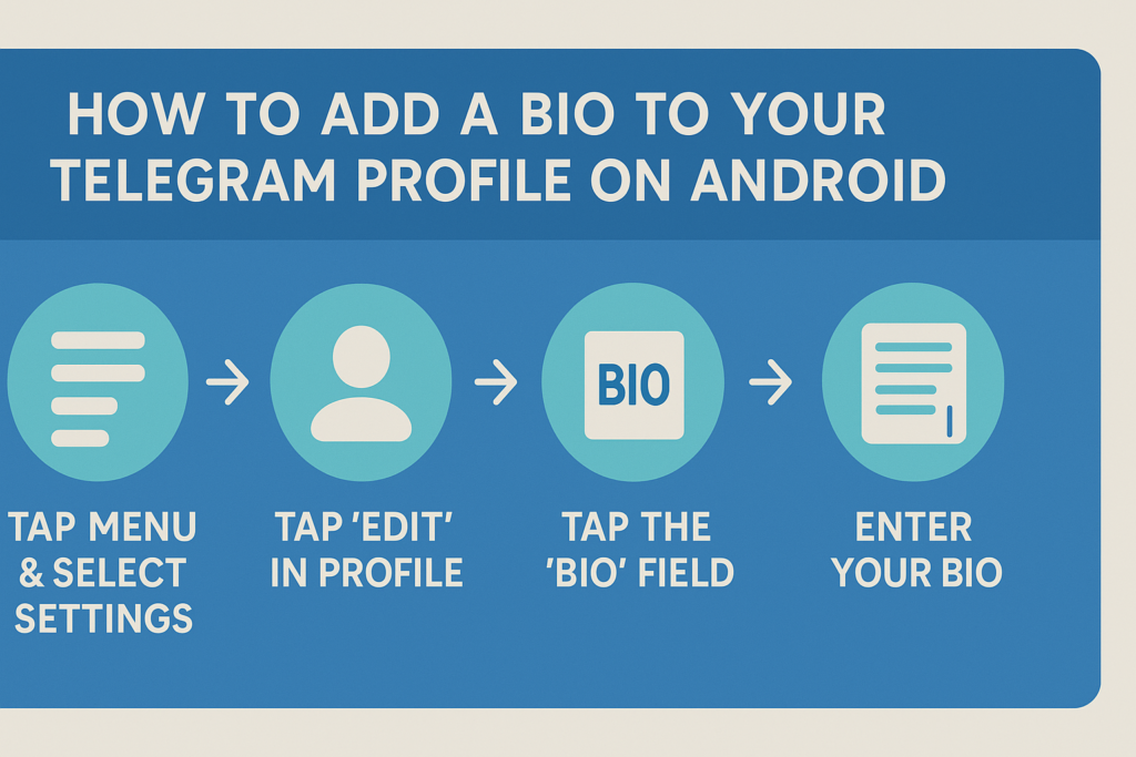 A simple and creative 16:9 infographic showing step-by-step instructions on how to add a bio to your Telegram profile on Android, with visual icons and clear labels for each step.