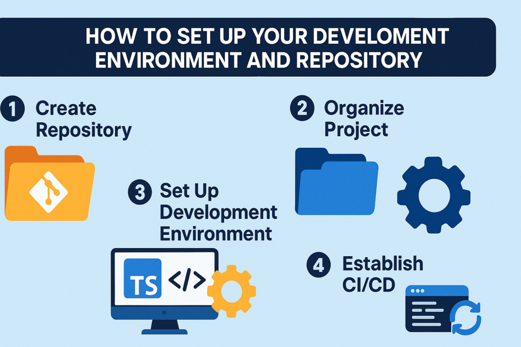 A 16:9 infographic illustrating the four key steps to set up a Telegram mini app development environment and GitHub repository, including project organization, TypeScript setup, and CI/CD implementation.
