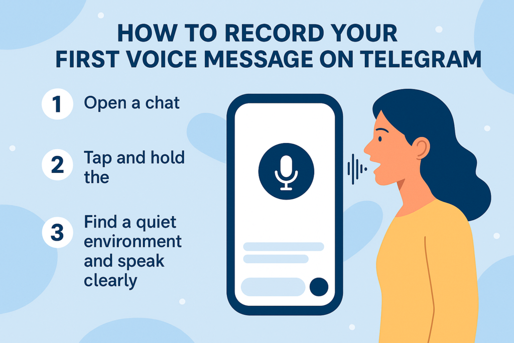 A creative infographic that visually explains how to record your first voice message on Telegram, including steps like opening a chat, holding the mic button, and choosing a quiet space—designed to help users create clear and high-quality audio messages.