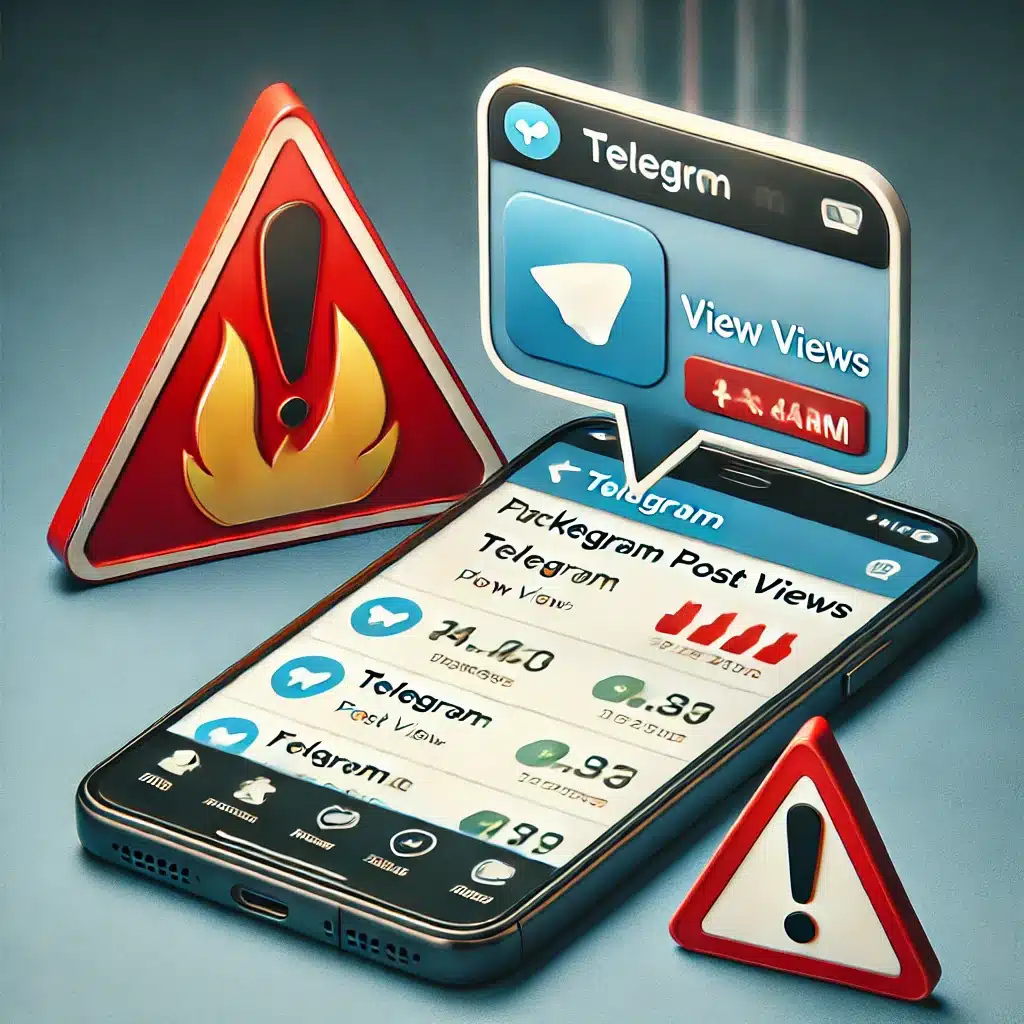 Telegram app interface showing a post with fake high view numbers but no likes or comments, alongside a warning sign symbolizing the risks and negative consequences of purchasing fake Telegram post views.