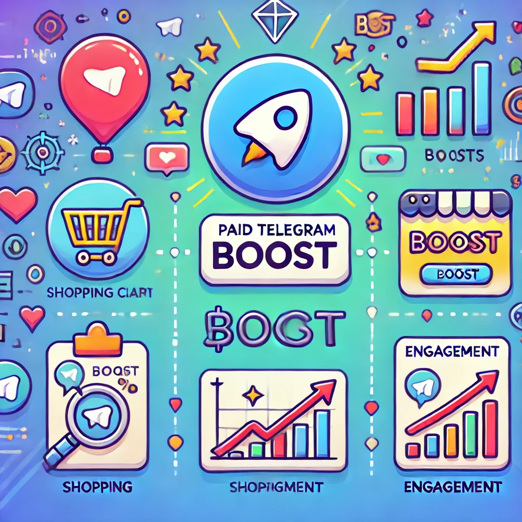 Illustration explaining a Paid Telegram Boost, showing a Telegram channel with a boost symbol, rising graph, and shopping cart icons to represent the process of purchasing boosts for increased visibility.