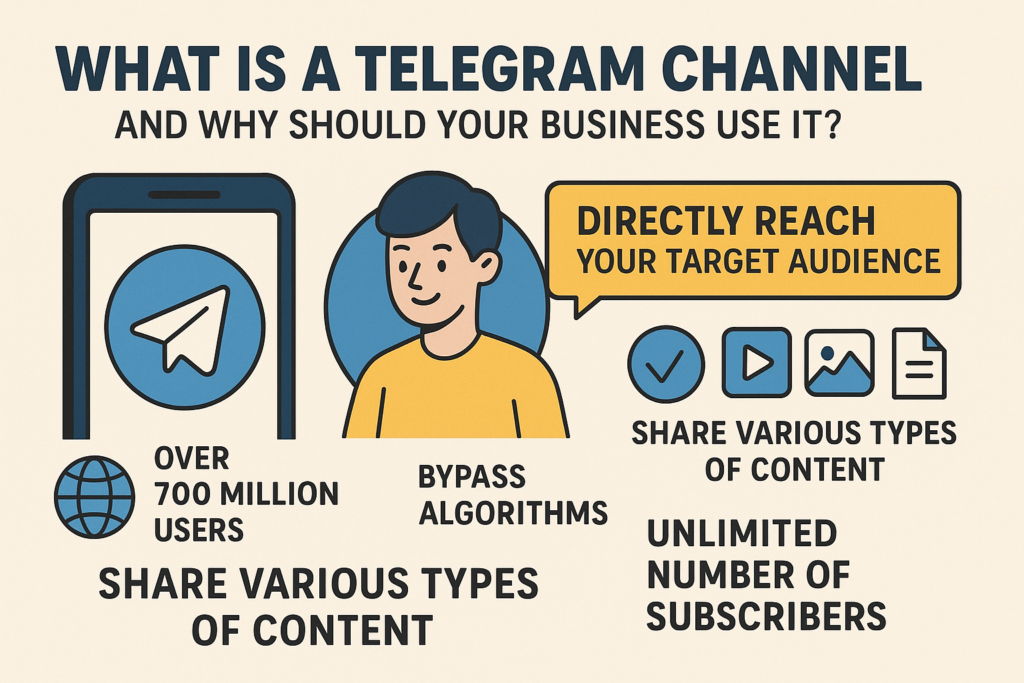 A visually engaging infographic that explains why Telegram channels are ideal for businesses, highlighting features like unlimited reach, direct audience access, and diverse content formats.