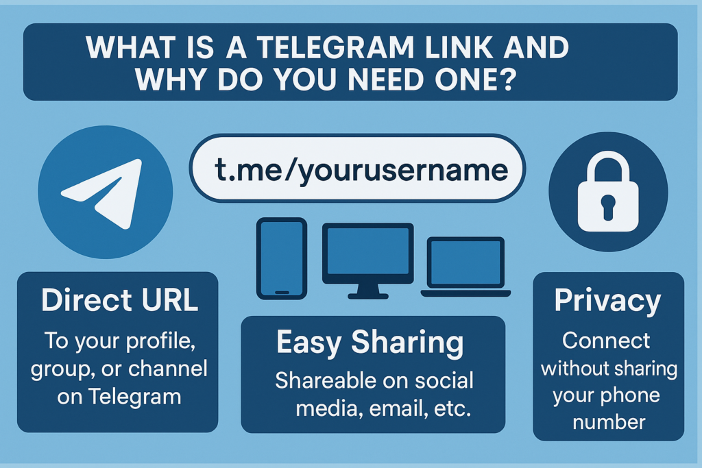 A flat-style infographic explaining what a Telegram link is and why it's useful. Highlights the benefits of direct profile access via t.me/username, easy sharing across platforms, and enhanced privacy without revealing your phone number.