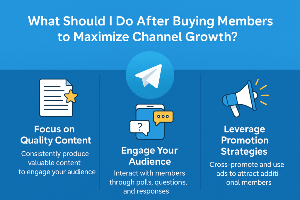Learn what to do after buying Telegram members to boost your channel’s growth. This infographic highlights strategies like quality content, audience engagement, and promotion techniques for long-term success.
