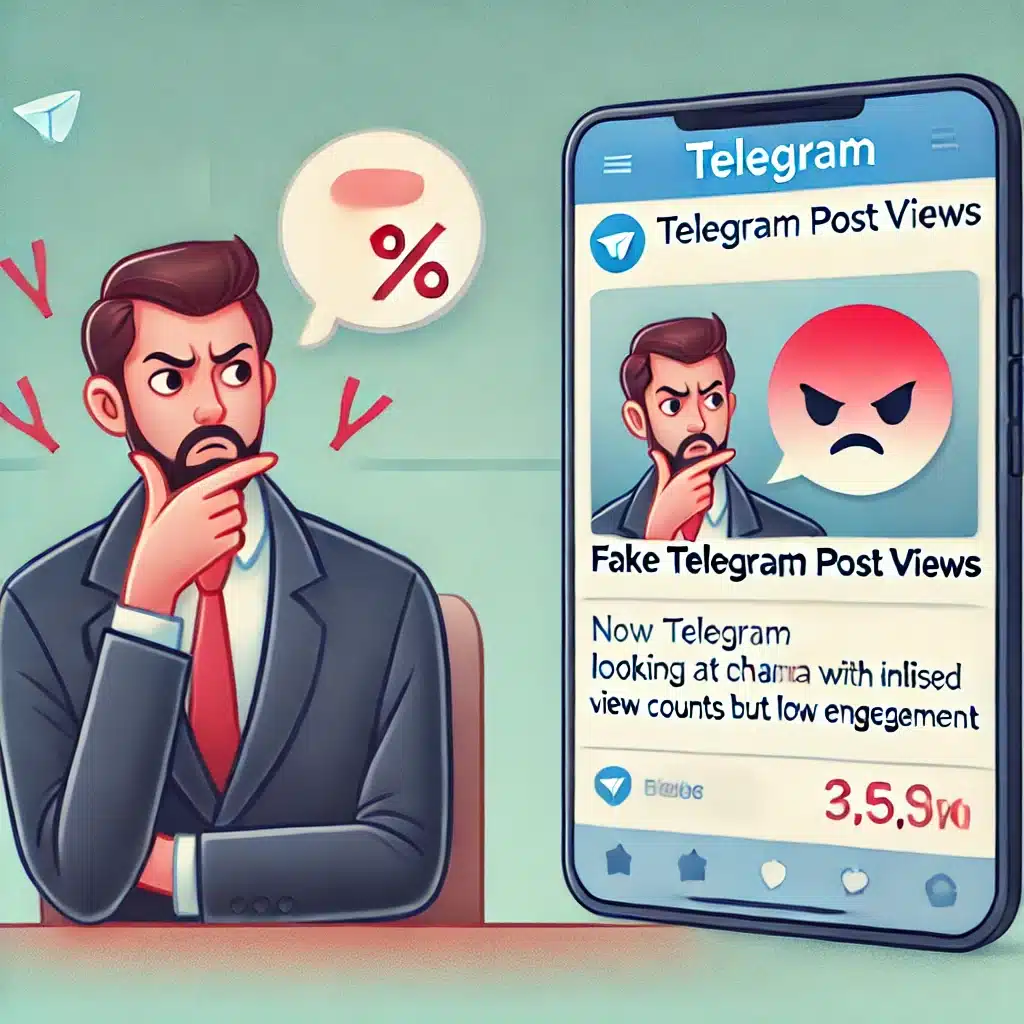 Illustration showing the negative effects of fake Telegram post views on credibility, with inflated view counts and low engagement.