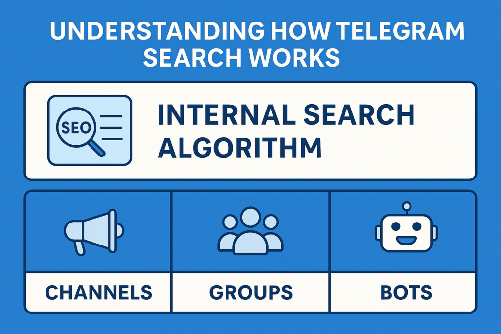 A clean infographic explaining how Telegram's internal search algorithm works, highlighting the differences between channels, groups, and bots in search visibility and engagement-driven ranking.