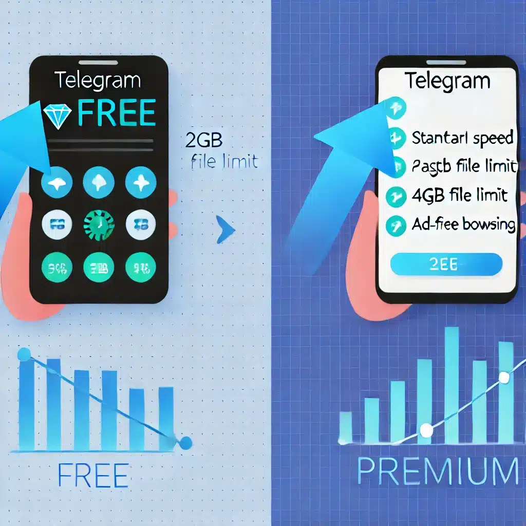 Illustration comparing the performance of Telegram Free and Telegram Premium, showing a split-screen smartphone with differences like faster downloads, larger file uploads, and ad-free browsing on the Premium side, and standard speed and smaller file limits on the Free side.