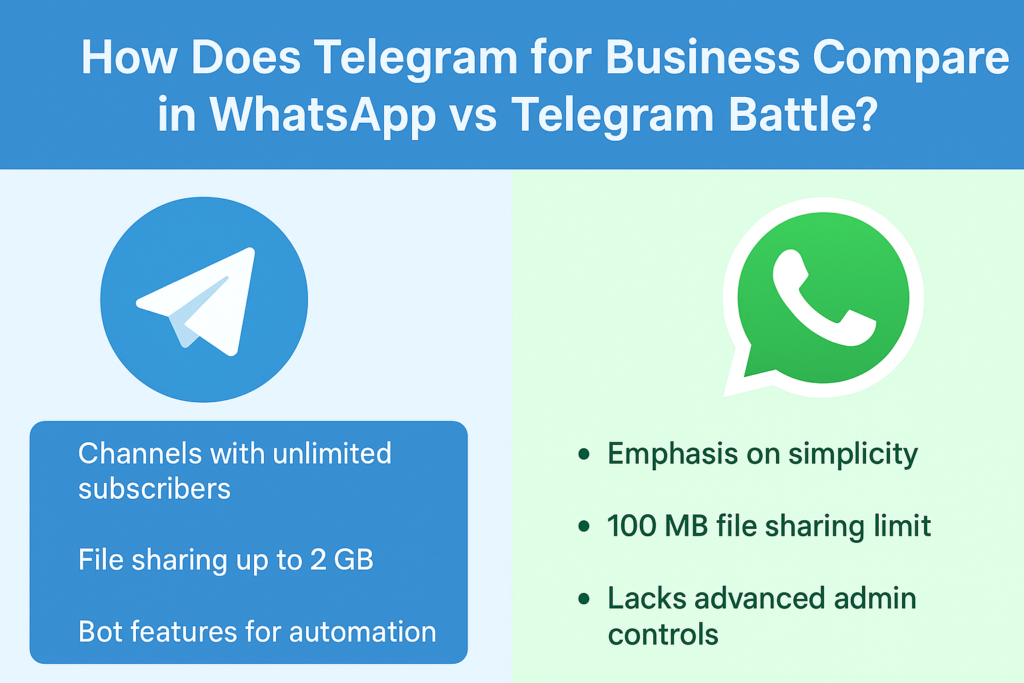 Infographic comparing Telegram for Business and WhatsApp Business—highlighting Telegram's advanced features like unlimited channels, larger file sharing, and bots vs. WhatsApp's simplicity-focused approach.