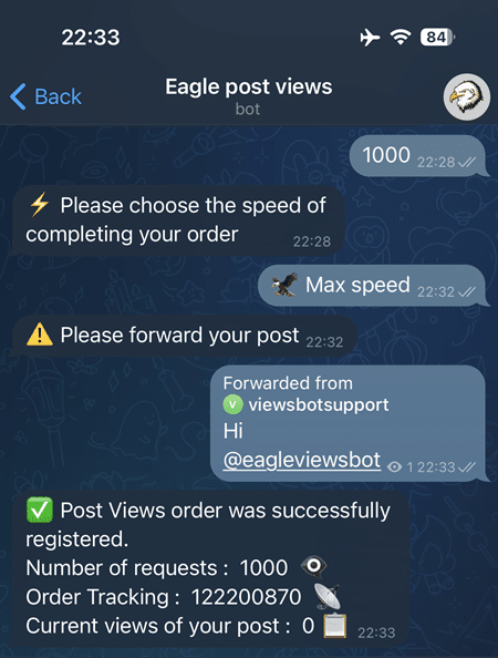 After selecting speed, forward your post to the bot. Your Telegram Post Views order will be registered, and you’ll receive an order tracking code for support.