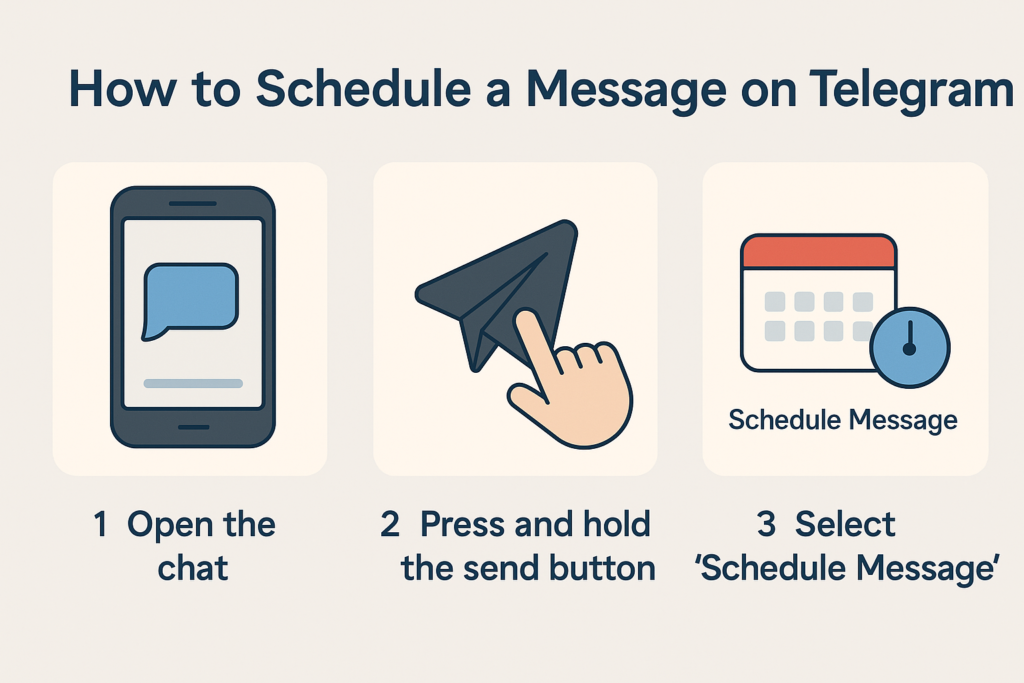 A clear infographic showing how to schedule a message on Telegram using the native app, with simple steps: open the chat, press and hold the send button, and select 'Schedule Message'.