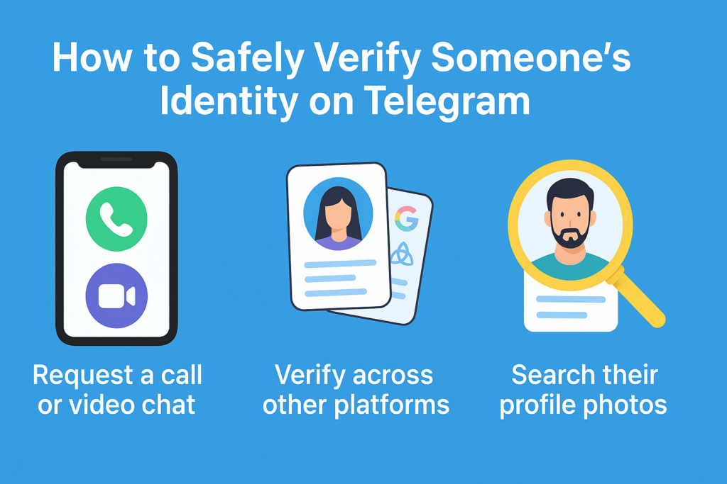 A 16:9 infographic illustrating safe methods to verify someone's identity on Telegram—featuring steps like requesting a call, cross-platform checks, and reverse image search for profile photos.