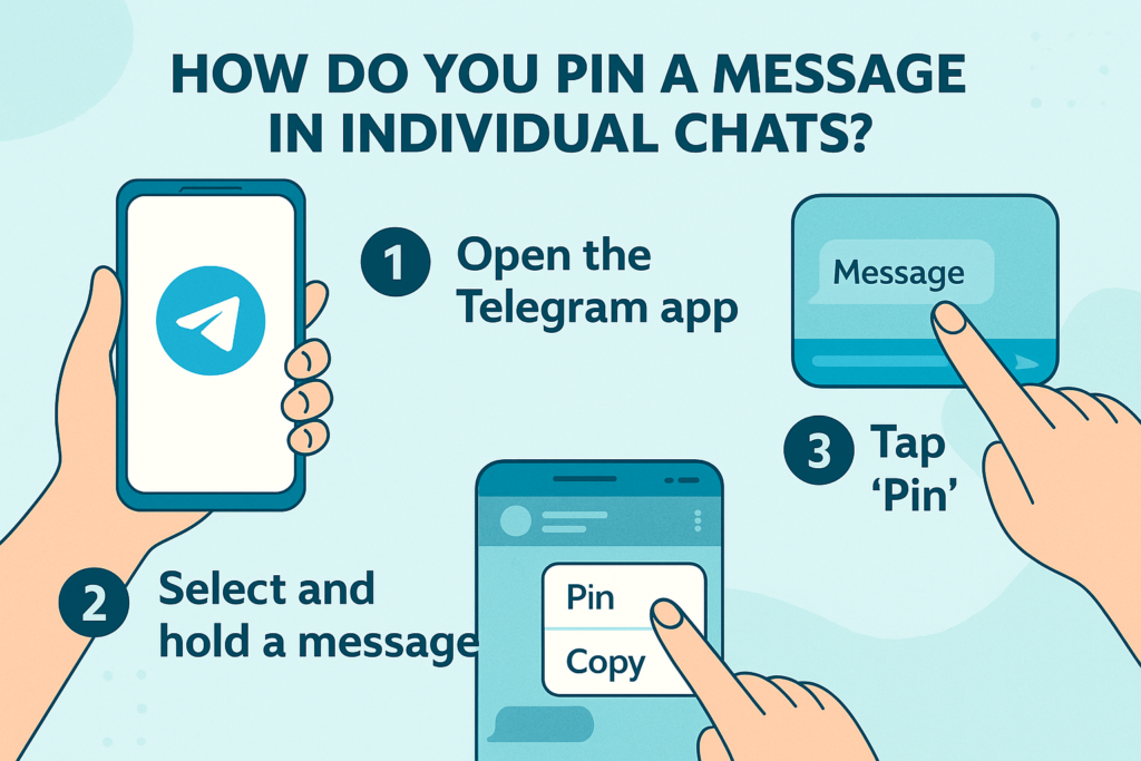 A clear and creative infographic showing how to pin messages in individual Telegram chats. It visually walks users through opening the app, selecting a message, and tapping "Pin"—perfect for highlighting important info like addresses or appointments in private conversations.