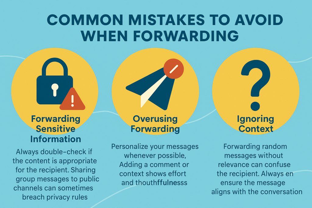 A creative 16:9 infographic highlighting common mistakes to avoid when forwarding messages on Telegram, including tips on privacy, personalization, and maintaining contextual relevance.