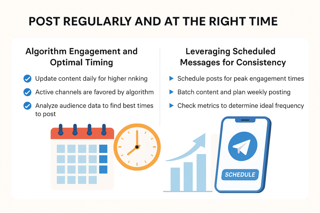A creative infographic illustrating how to post regularly and at the right time on Telegram, highlighting algorithm engagement, optimal timing, and the benefits of using scheduled messages for consistent visibility.