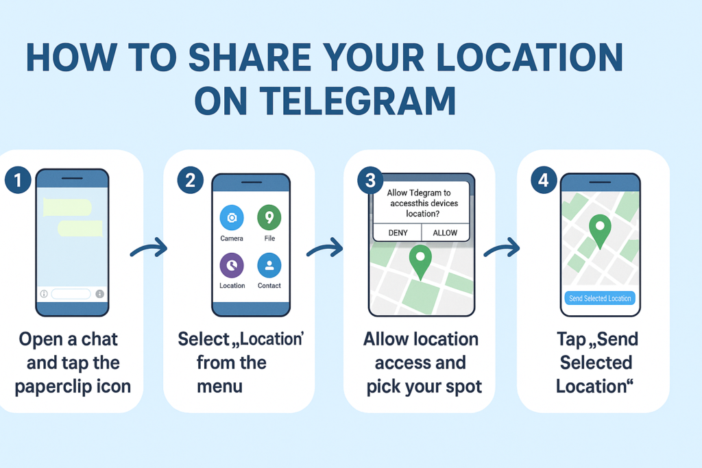 A step-by-step infographic showing how to share your location on Telegram, including opening a chat, selecting the location option, granting GPS access, and sending your location with a simple tap. Perfect for new users learning Telegram features.