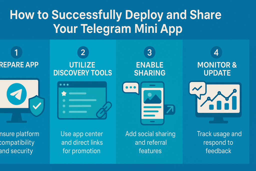 A 16:9 infographic showing the four essential steps to successfully deploy and share a Telegram mini app, including app preparation, using discovery tools, enabling sharing, and tracking feedback for continuous improvement.