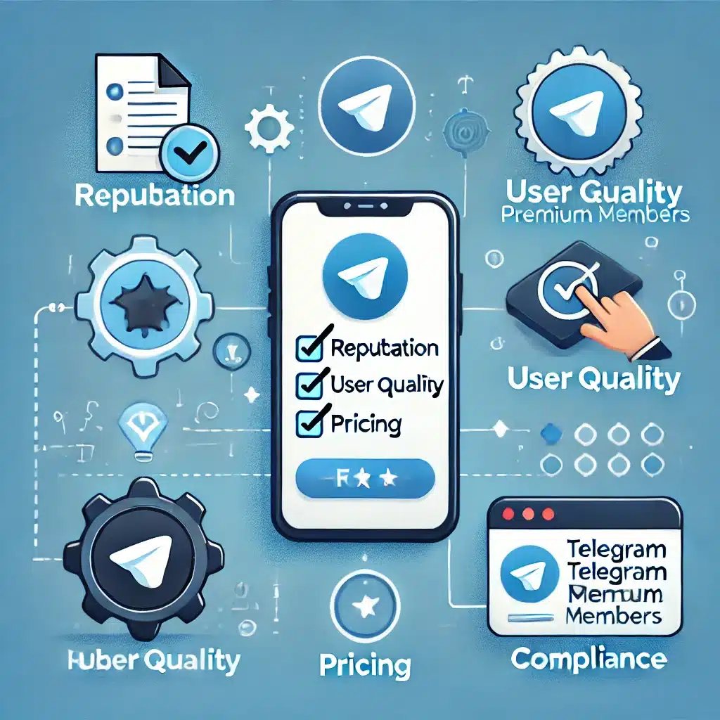 Illustration showing key factors to consider before selecting a service to buy Telegram Premium Members, featuring a checklist with icons for reputation, user quality, pricing, and compliance, alongside a smartphone displaying Telegram.