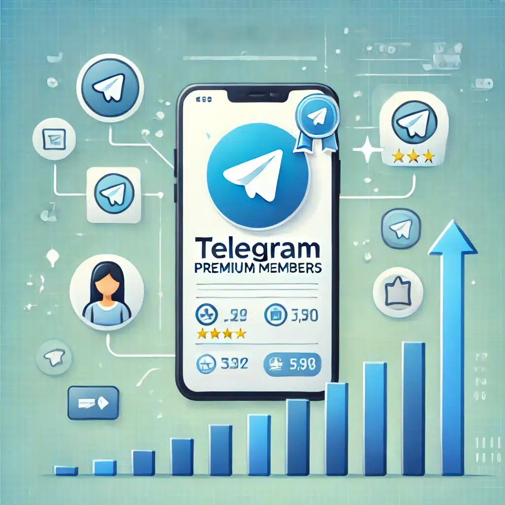 Illustration representing Telegram Premium Members with a smartphone showing the Telegram logo and user profile icons featuring premium badges, symbolizing high-quality members with greater engagement potential.
