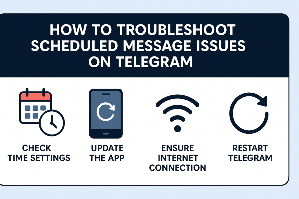 A clear and practical infographic outlining how to troubleshoot common issues when scheduling messages on Telegram, including checking time settings, updating the app, ensuring internet connectivity, and restarting the Telegram application.
