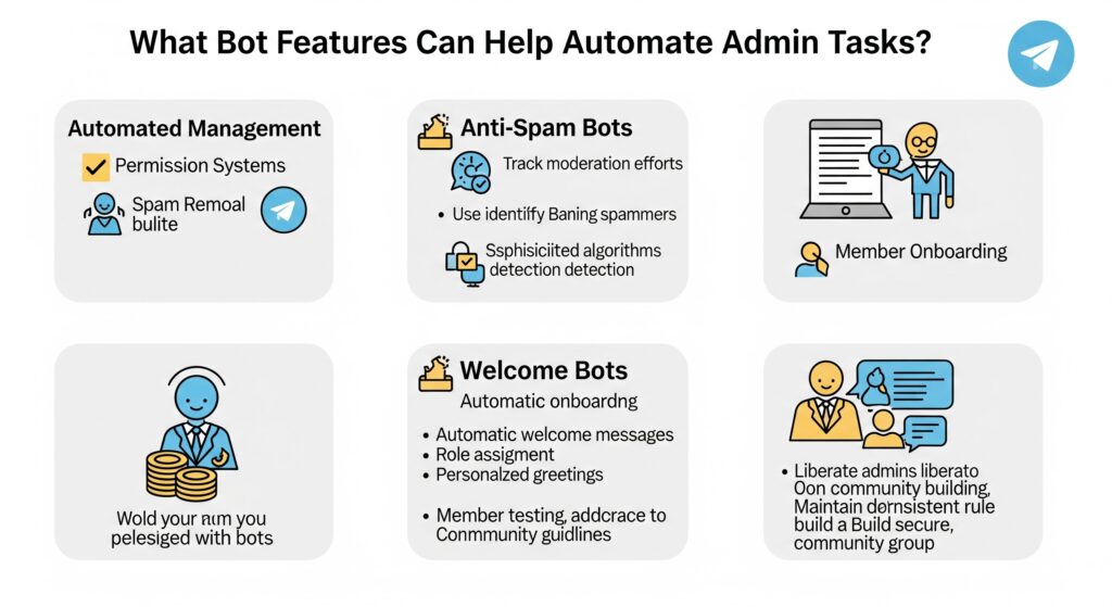 This infographic illustrates Telegram bot features that help automate admin tasks, including automated management, anti-spam bots, and welcome bots, and how these tools enable admins to focus on community development.