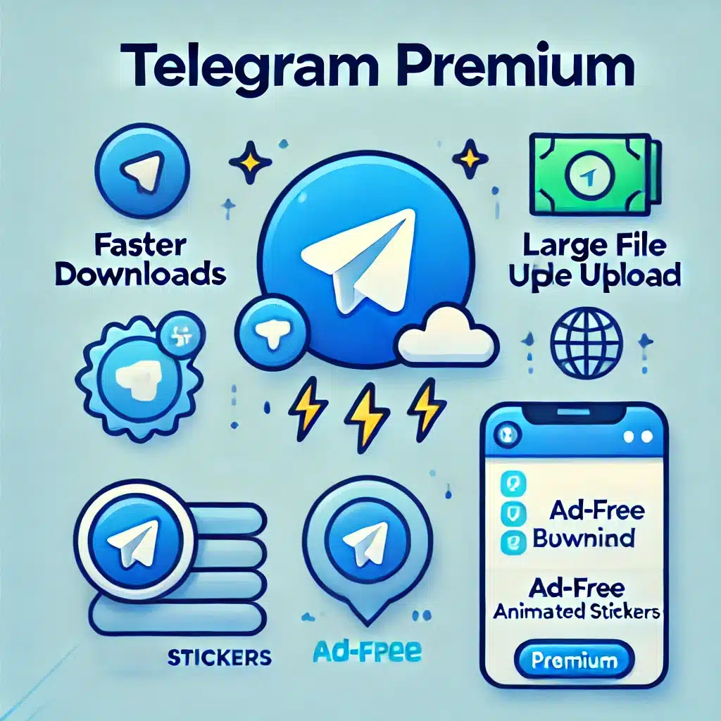 Illustration showcasing the major features of Telegram Premium, including faster downloads, large file uploads, ad-free browsing, and profile customization with animated stickers, representing the key advantages of upgrading from Telegram Free.
