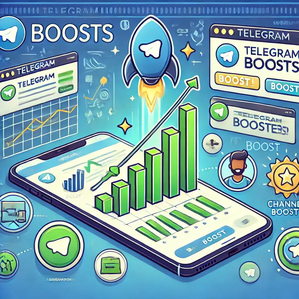 Illustration highlighting the advantages of buying Telegram Boost, showcasing growth in user engagement, rising visibility, and increased channel activity.