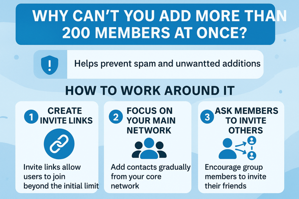 A clear infographic explaining Telegram’s 200-member limit for manual additions and offering smart solutions—like using invite links and member referrals—to grow your group naturally while staying within platform rules.