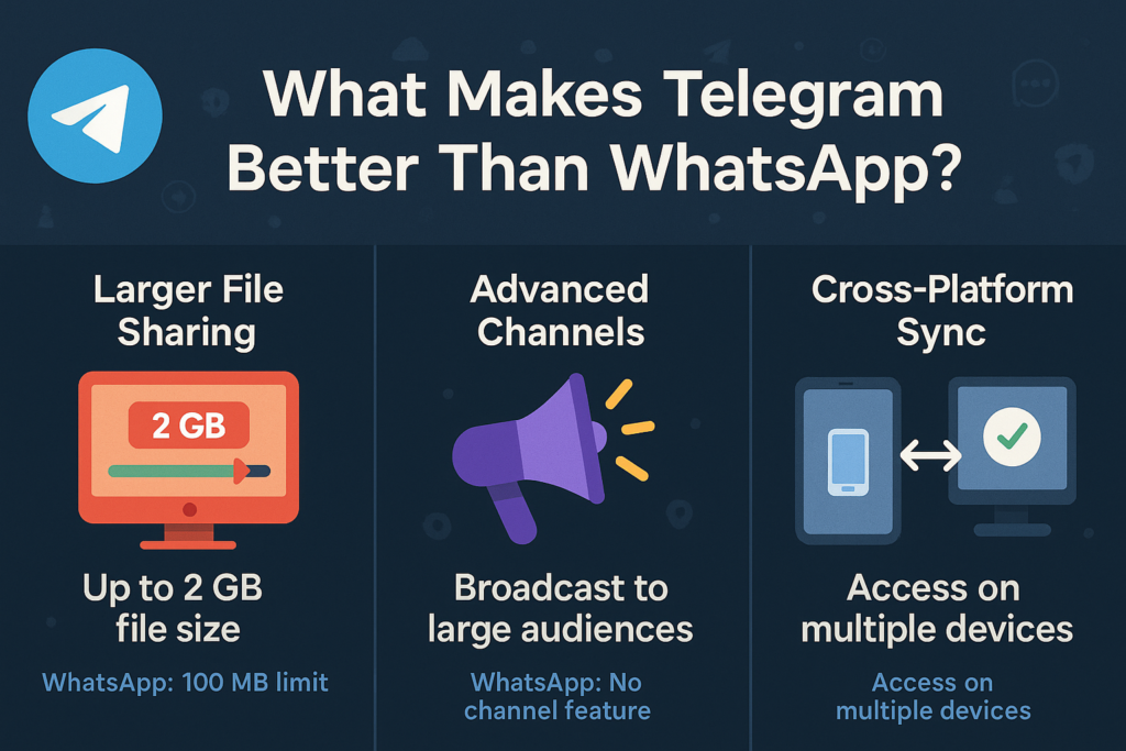 A creative infographic comparing Telegram and WhatsApp, highlighting Telegram’s superior features like 2GB file sharing, advanced broadcast channels, and seamless cross-platform sync across devices.
