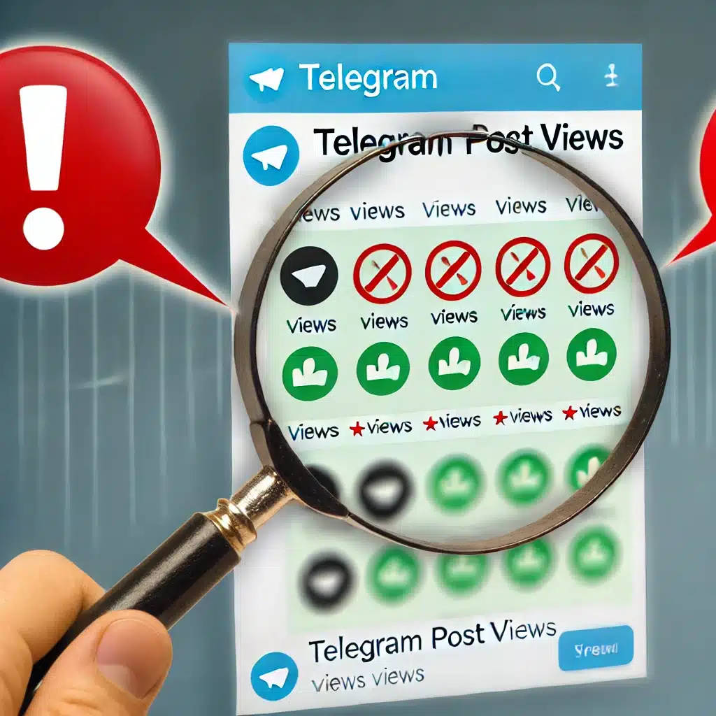 Telegram post with high view count but low engagement, highlighted by magnifying glasses and red flags, symbolizing the signs of fake Telegram post views and the importance of recognizing inauthentic engagement.