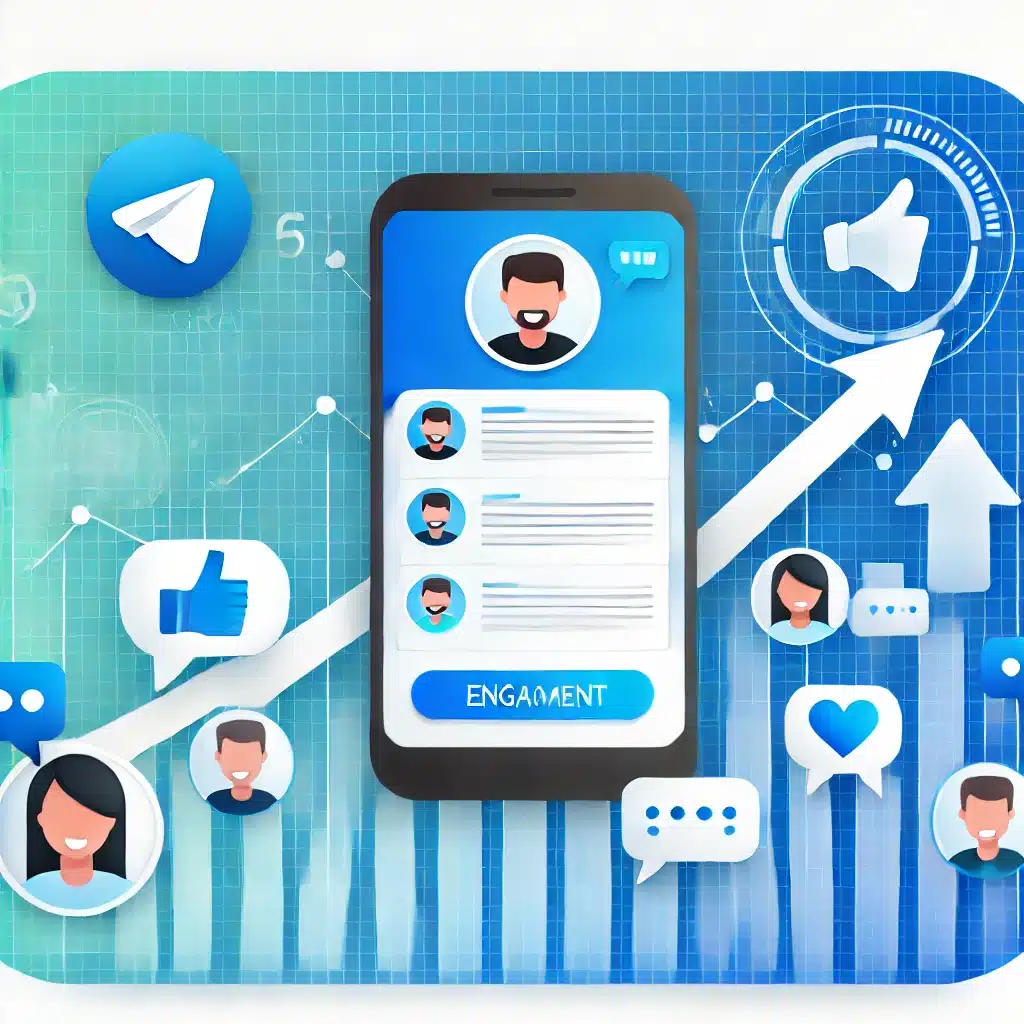 Illustration showing improved engagement and interaction on a Telegram channel, featuring a smartphone with Telegram open, user icons, chat bubbles, and engagement symbols like thumbs up, hearts, and comments, symbolizing increased activity and interaction through premium members.