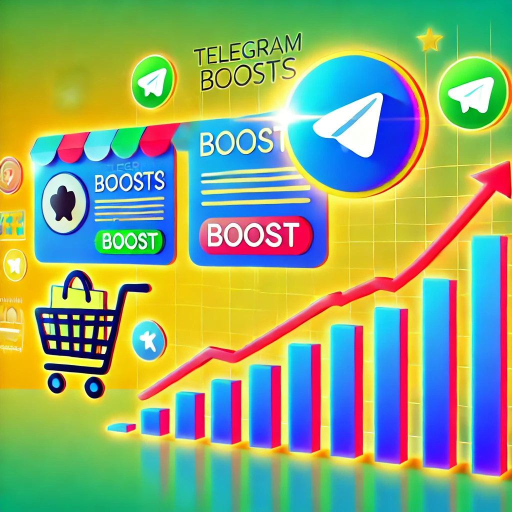 Illustration showing how to buy and use Telegram boosts effectively, featuring a Telegram channel, boost icons, a shopping cart for purchasing, and rising engagement indicators for growth and visibility.