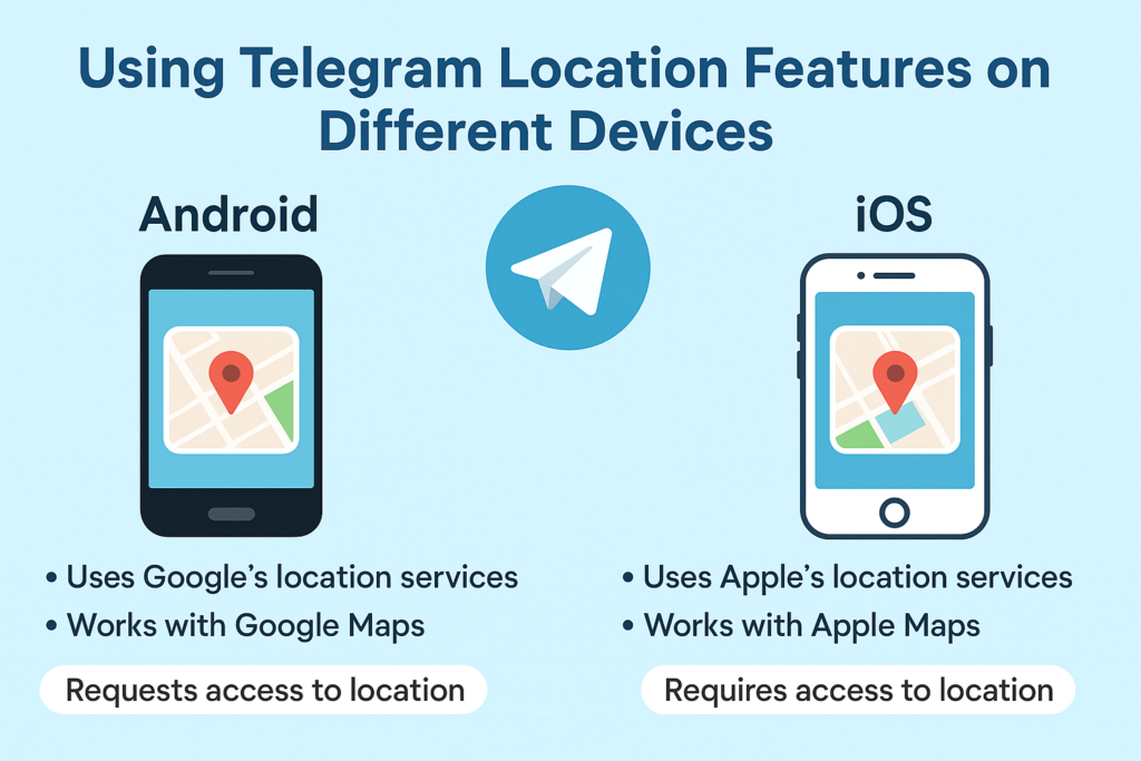 An infographic comparing how Telegram’s location features work on Android and iOS devices, highlighting the use of Google Maps and Apple Maps, GPS permission requirements, and real-time location sharing compatibility across platforms.