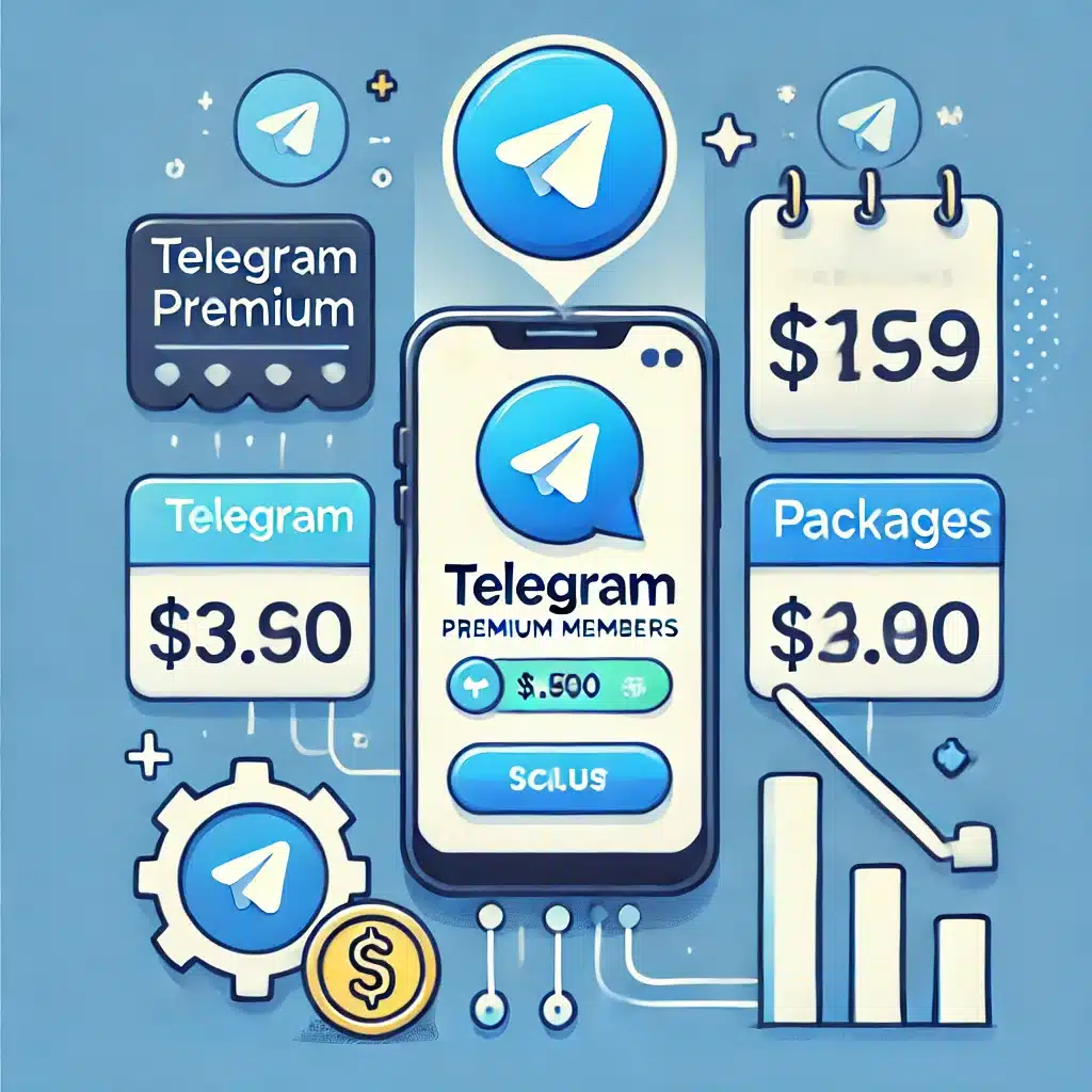 Illustration representing pricing and packages for Telegram Premium Members, featuring a smartphone displaying Telegram with price tags, package icons, and currency symbols, indicating value for money and growth through premium member services.