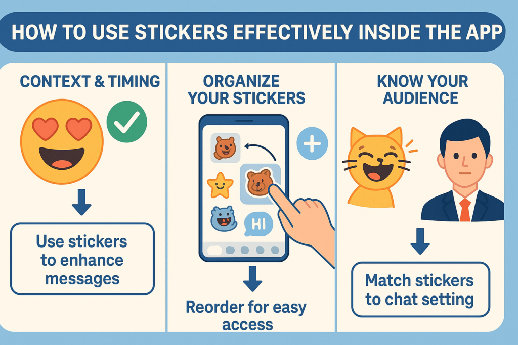 Infographic showing how to use Telegram stickers effectively inside the app, including tips on timing, organization, and choosing stickers based on the audience—perfect for improving expression and engagement in chats.