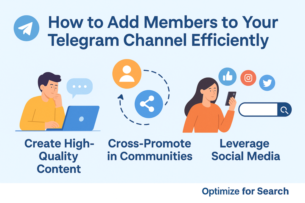Infographic outlining the most effective ways to grow a Telegram channel in 2025—highlighting content quality, cross-promotion, social media leverage, and search optimization for maximum reach.