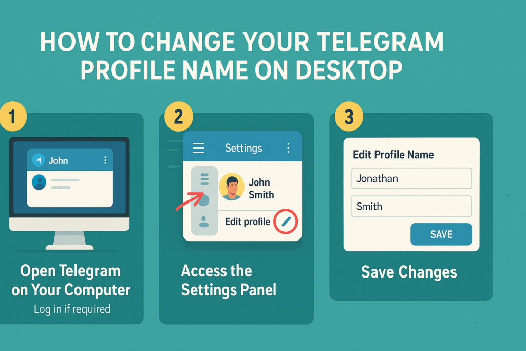 A creative 16:9 infographic showing a step-by-step guide on how to change your Telegram profile name using the desktop app, with clear visuals for navigating settings and saving updates.