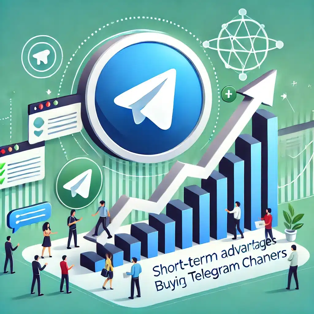 Illustration showing the short-term advantages of buying Telegram members, highlighting rapid subscriber growth with a Telegram logo and upward arrow.