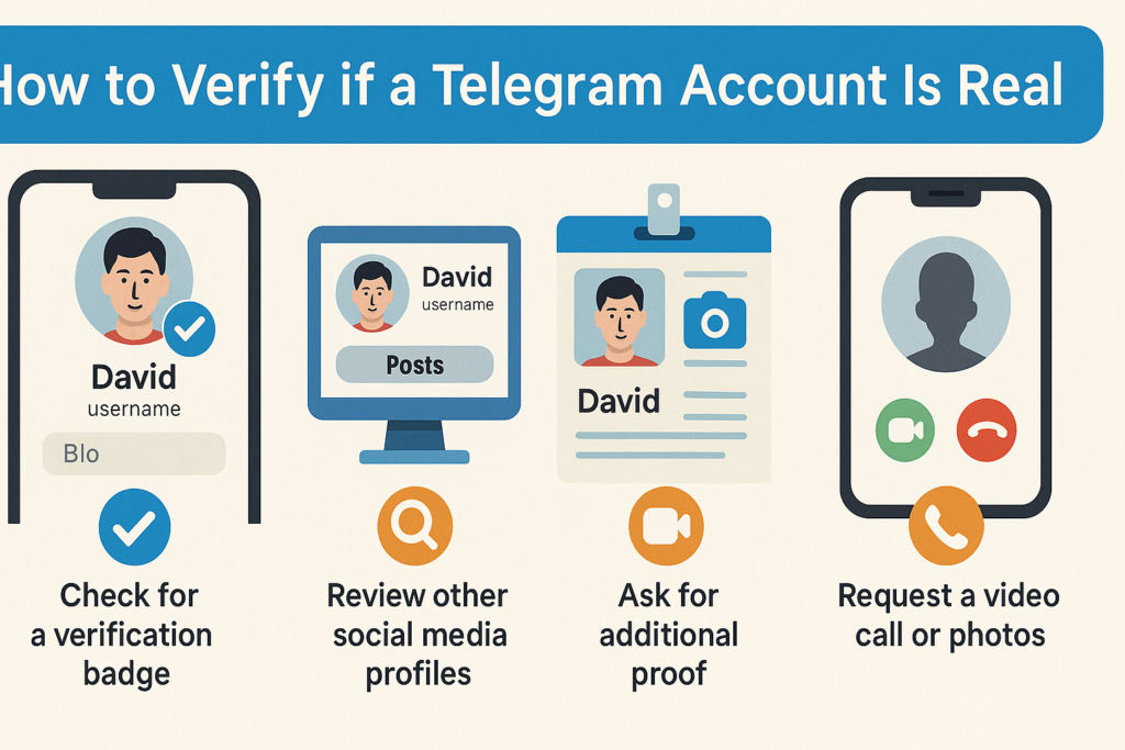 A creative 16:9 infographic showing four steps to verify if a Telegram account is real—check for a verification badge, compare social profiles, ask for extra proof, and request a video call. Designed for user safety and scam prevention.