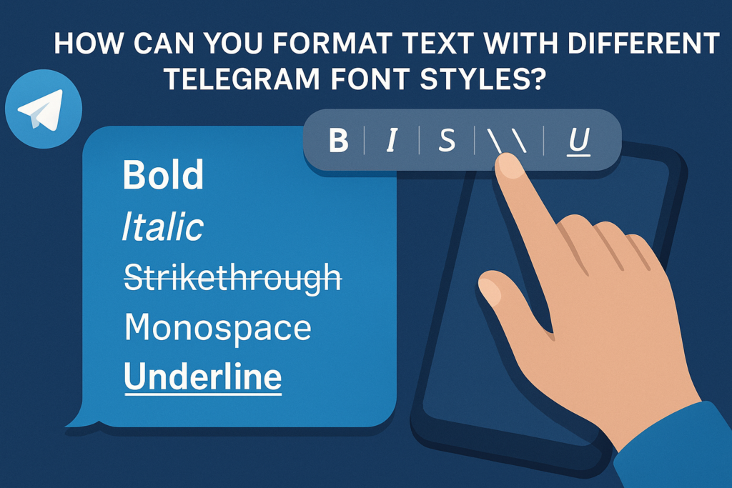 A visually engaging infographic demonstrating how to format text in Telegram using styles like bold, italic, strikethrough, monospace, and underline, with interactive toolbar visuals to enhance user messaging experience.