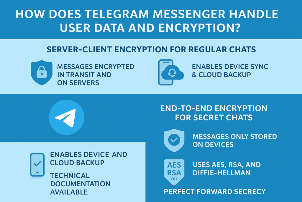 Infographic summarizing Telegram’s encryption and data handling methods, including server-client encryption for regular chats and end-to-end encryption for secret chats with AES, RSA, and Diffie-Hellman protocols.