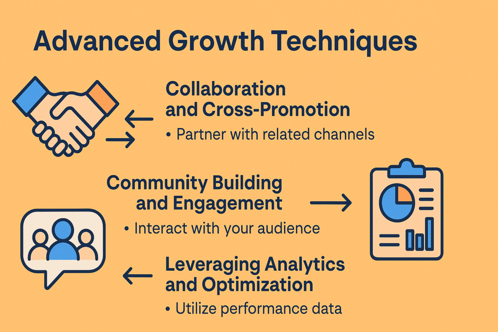 A visually engaging infographic outlining advanced Telegram channel growth techniques, including cross-promotion, community engagement, and data-driven optimization—ideal for digital marketers and Telegram admins.