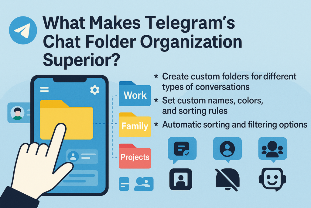 A creative infographic highlighting Telegram's superior chat folder system, showcasing custom folder creation, sorting rules, and automatic filtering for efficient message management and organization.