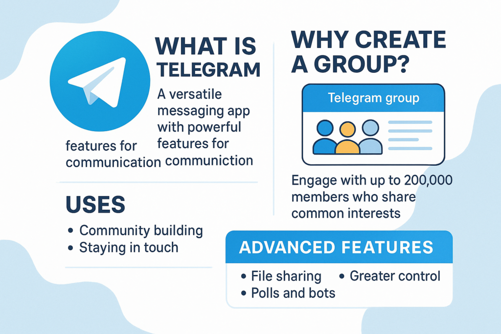A concise infographic explaining what Telegram is and why it’s ideal for creating groups. It highlights Telegram’s community-building features, large group capacity, and advanced tools like file sharing, bots, and privacy controls—making it a top choice for both personal and business communication.