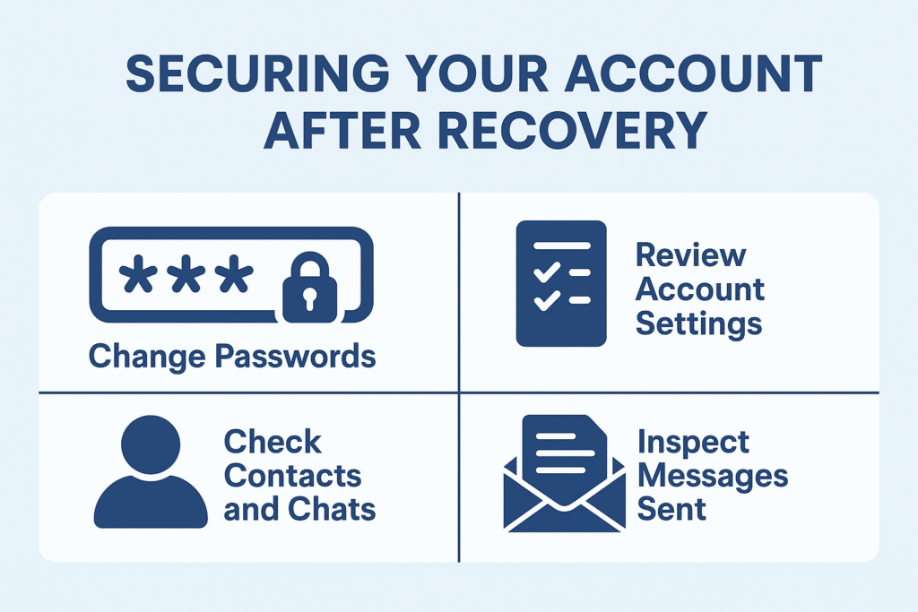 A 16:9 infographic titled "Securing Your Account After Recovery," showing four key steps—changing passwords, reviewing account settings, checking contacts, and inspecting sent messages—to help users protect their Telegram account after regaining access.