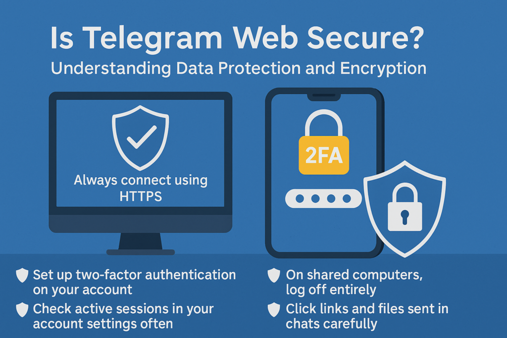 Infographic highlighting key security tips for using Telegram Web safely, including HTTPS usage, two-factor authentication, session monitoring, and cautious link handling.