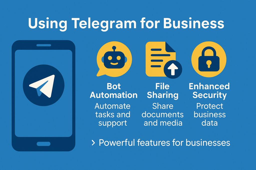 A creative infographic highlighting Telegram's key business features—bot automation, large file sharing, and secure communication—designed to help entrepreneurs leverage the platform for growth and efficiency.