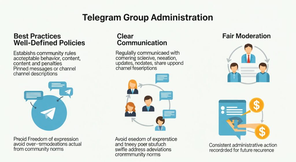 Infographic outlining best practices for Telegram group administration, including well-defined policies, clear communication, and fair moderation to maintain a healthy and productive group environment.