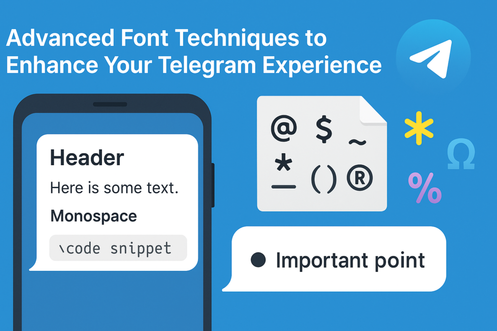 A creative infographic showcasing advanced Telegram font techniques, including headers, monospace code snippets, Unicode characters, and structured formatting styles to enhance clarity and engagement in chats and channels.